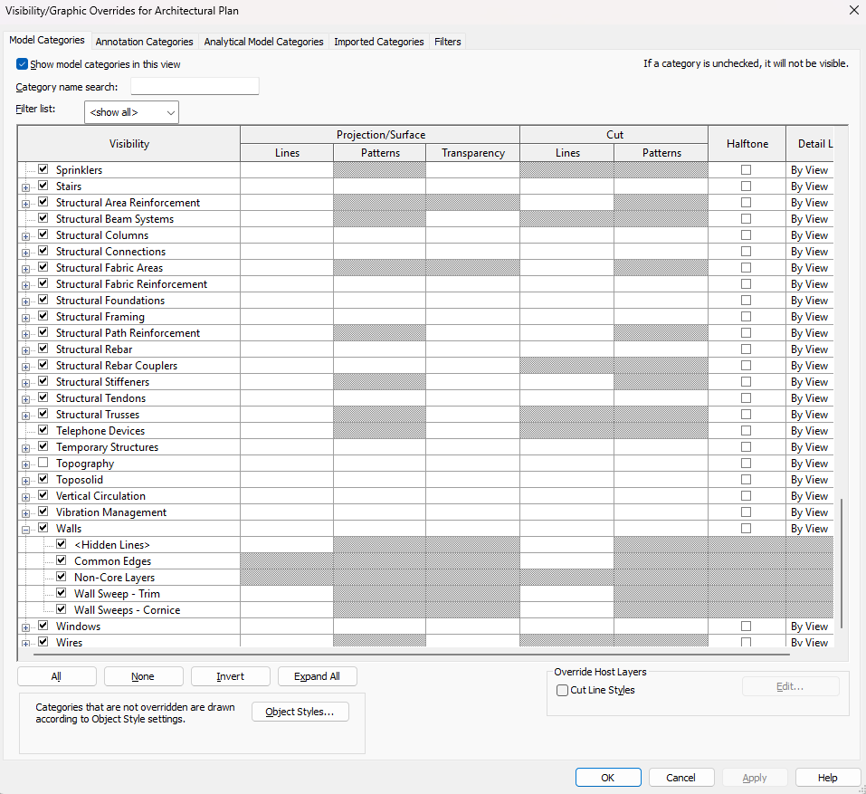 Revit modeller med Visibility/Graphics, Model Categories